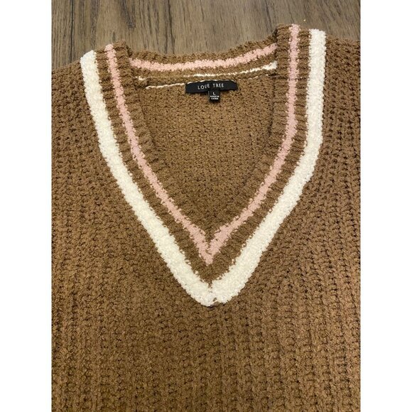 Love Tree Sweater Women’s L Brown V-Neck Ribbed Knit Striped Trim - Picture 12 of 13